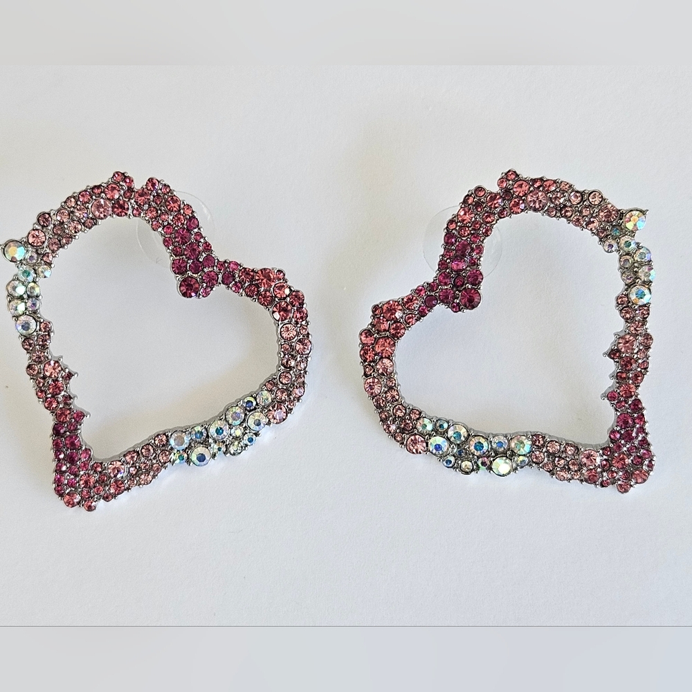 Betsey Johnson Not Your Babe HUGE Hombre Pink Crystal Heart Earrings